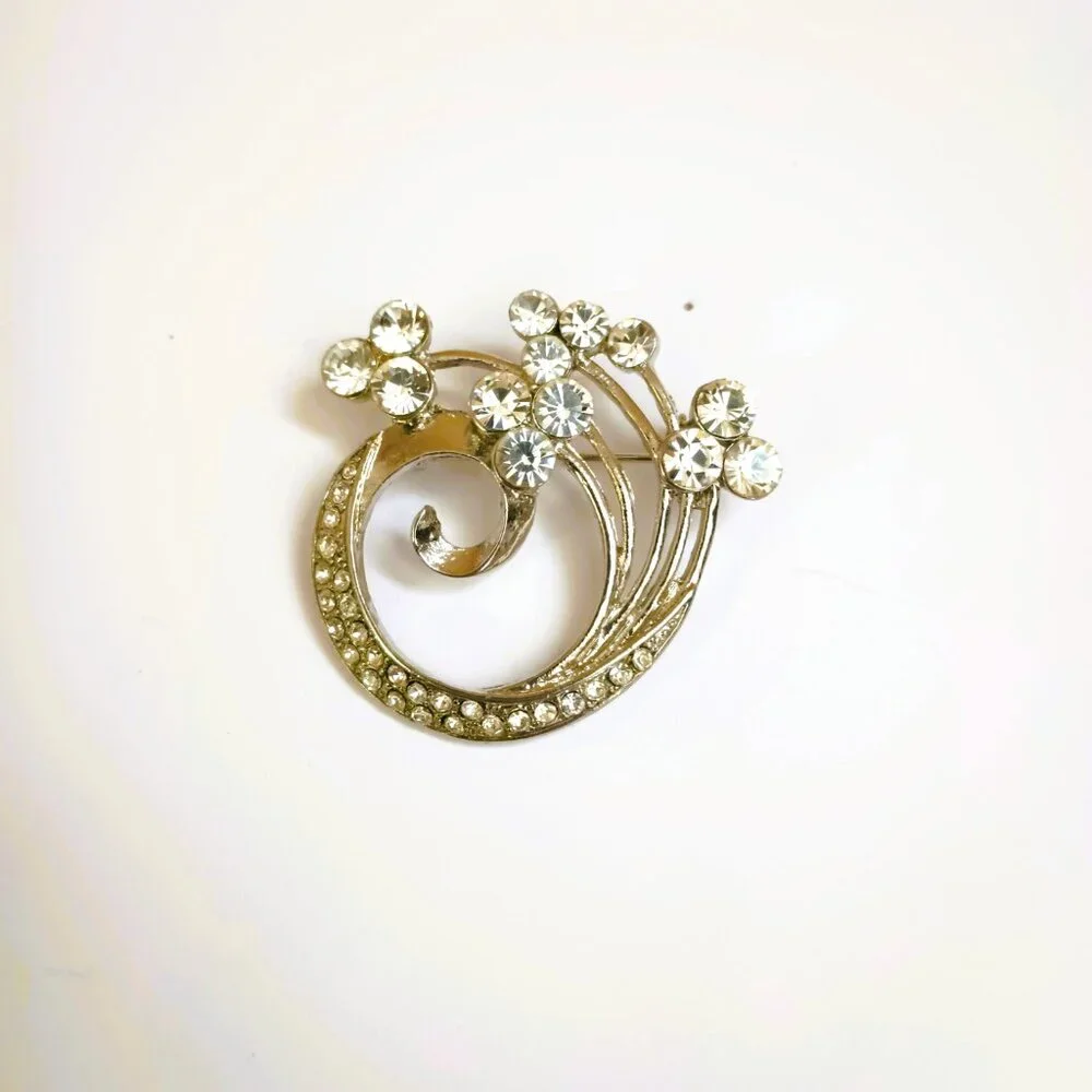 Vintage Floral Swirl Pave Brooch Silver Tone Clear Stone Sparkle Pin Jewelry